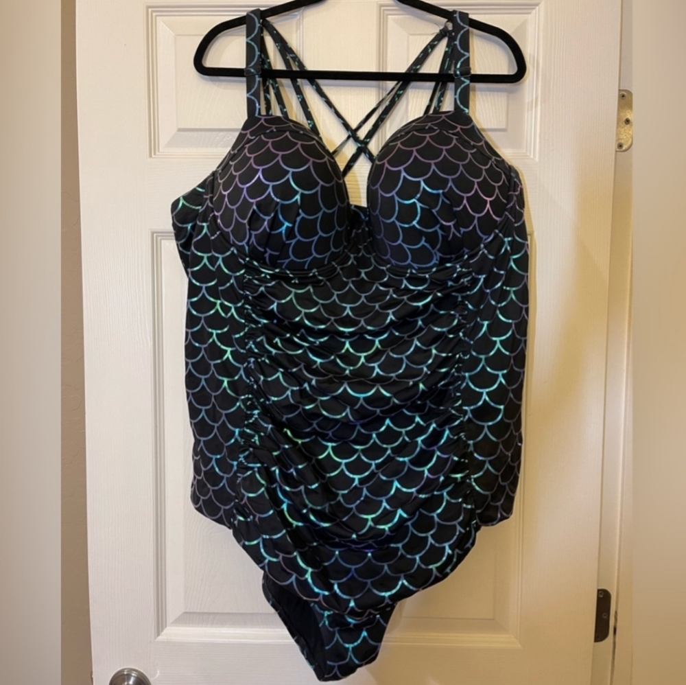 Torrid Black and Blue Mermaid Scale One Piece Swimsuit
